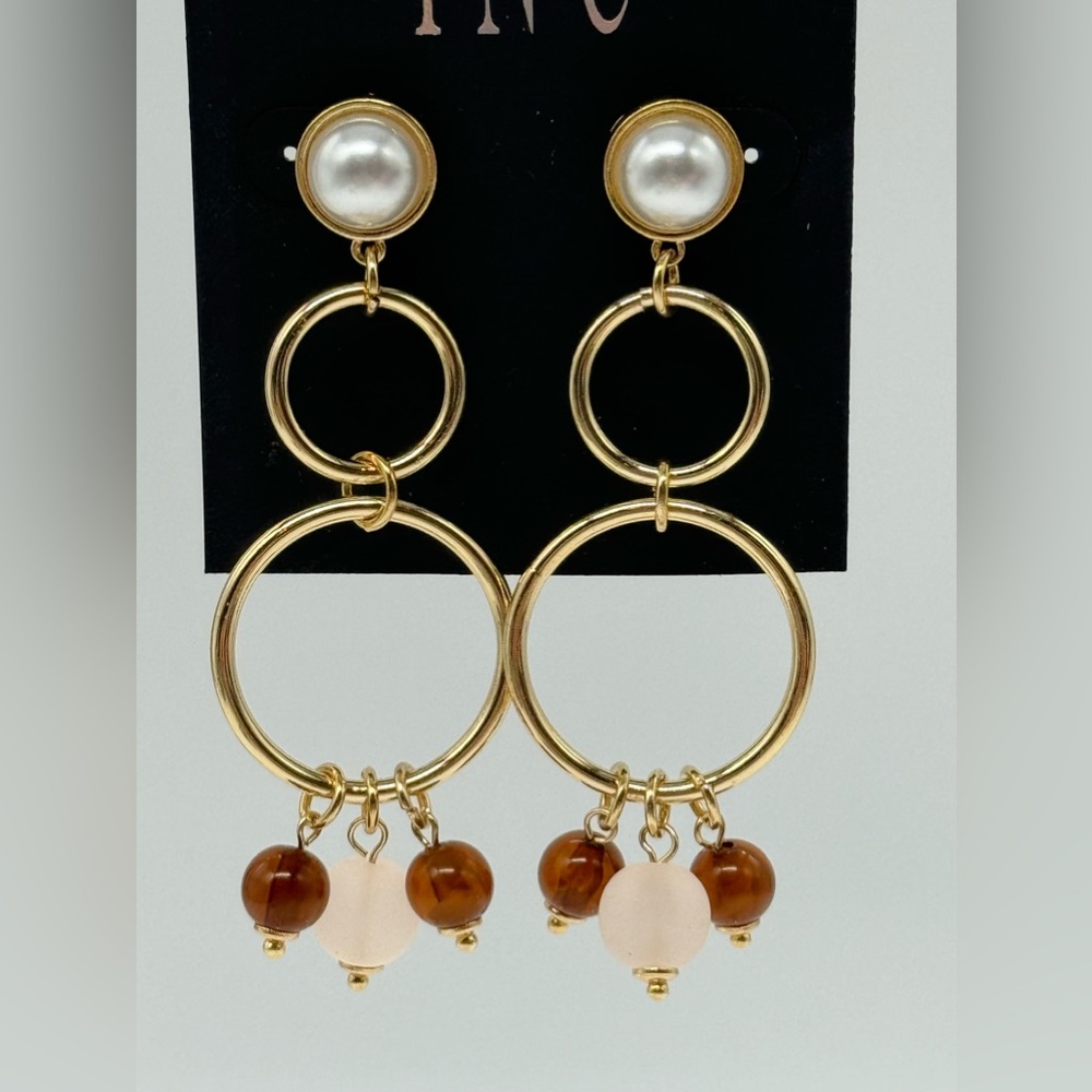 INC Boho Tri-Circle Drop Earrings with Faux Pearl & Dangling Stones on Gold Tone